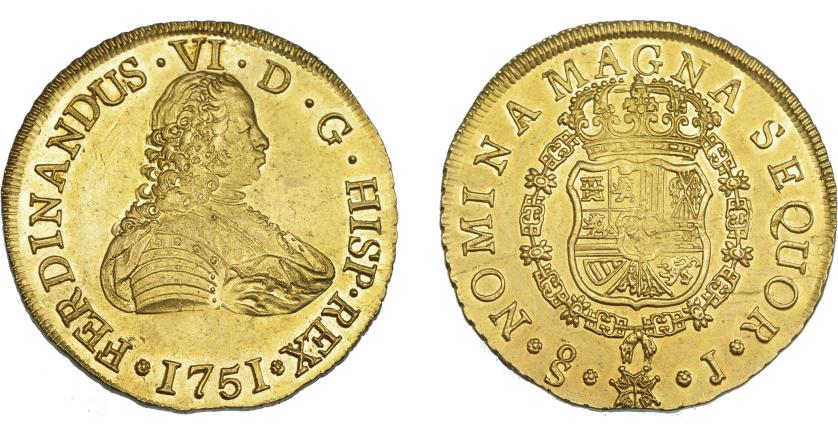 744   -  FERNANDO VI. 8 escudos. 1751. Santiago. J. VI-632. Acuñación floja. EBC+.