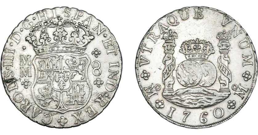 746   -  CARLOS III. 8 reales. 1760. México. MM. VI-916. Punto de áoxido en rev. Ligeramente abrillantada. MBC.