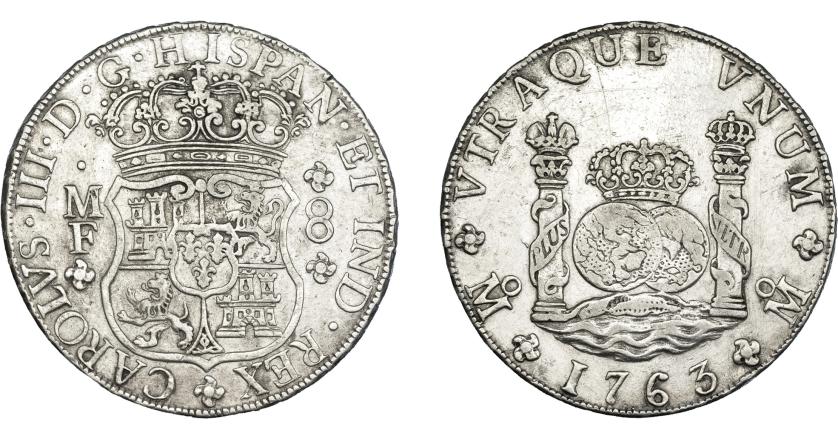 752   -  CARLOS III. 8 reales. 1763. México. MF. VI-921. Rayitas en rev. MBC.