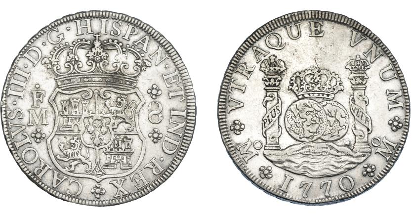 762   -  CARLOS III. 8 reales. 1770. México. FM. VI-929. Rotura de cuño en rev. MBC.