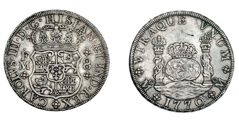 763   -  CARLOS III. 8 reales. 1770. México. FM. VI-929. Rayita en rev. MBC.
