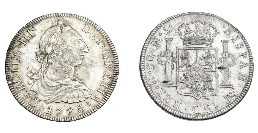 765   -  CARLOS III. 8 reales. 1773. México. FM invertidas. VI-933. R.B.O. MBC/MBC+. Escasa.