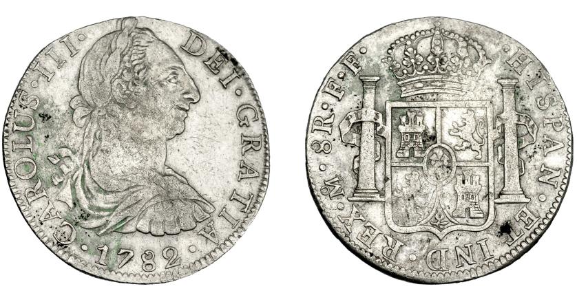 774   -  CARLOS III. 8 reales. 1782. México. FF. VI-945. Manchas de óxido. MBC-.