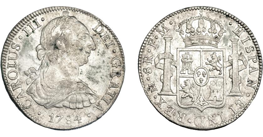 775   -  CARLOS III. 8 reales. 1784. México. FM. VI-949. Pequeñas oxidaciones. R.B.O. MBC/MBC+.