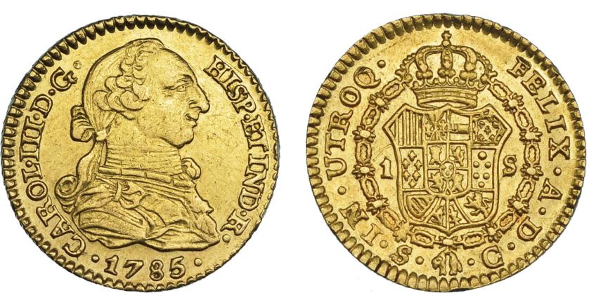 796   -  CARLOS III. 1 escudo. 1785. Sevilla. C. VI-1250. Pequeña limadura en el canto y pequeñas marcas. MBC+. Escasa.