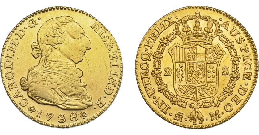 797   -  CARLOS III. 2 escudos. 1788. Madrid. M. VI-1297. Pequeñas marcas. MBC+/EBC-.