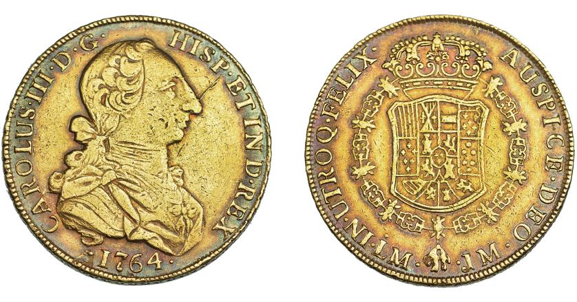 800   -  CARLOS III. 8 escudos. 1764. Lima. JM. VI-1586. Fina raya en anv. y pequeñas marcas. Pátina rojiza. MBC-/MBC. Rara.