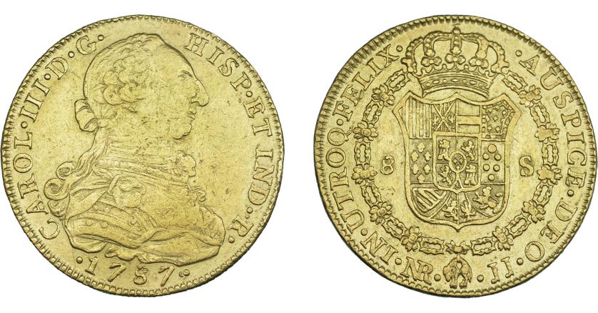 801   -  CARLOS III. 8 escudos. 1787. Nuevo Reino. JJ. VI-1698. Pequeñas marcas. MBC.