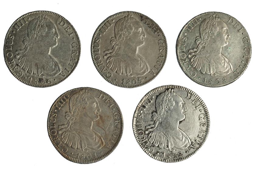 802   -  CARLOS IV. Lote de 5 monedas de 8 reales. 1801, 1802, 1805, 1806 y 1808, México. MBC-/MBC+.