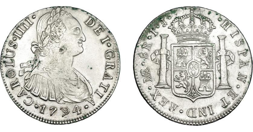 805   -  CARLOS IV. 8 reales. 1794. Lima. IJ. VI-756. Golpecito en anv. y oxidaciones. MBC+.