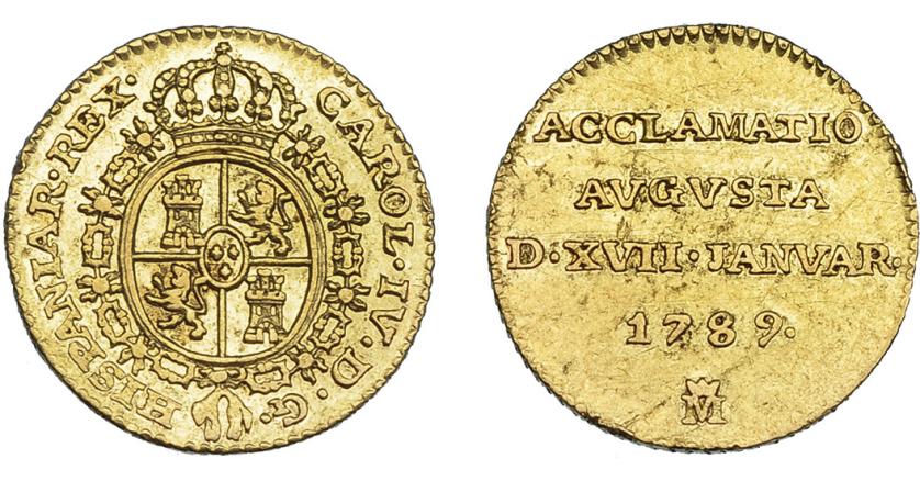 831   -  CARLOS IV. 1/2 escudo. Acuñación proclamación 1789. Madrid. VI-866. Pequeñas marcas. MBC+/EBC-. Muy escasa.