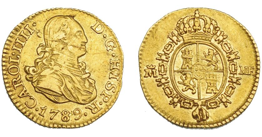 832   -  CARLOS IV. 1/2 escudo. 1789. Madrid. MF. VI-868. Hojitas. MBC+. Muy escasa.