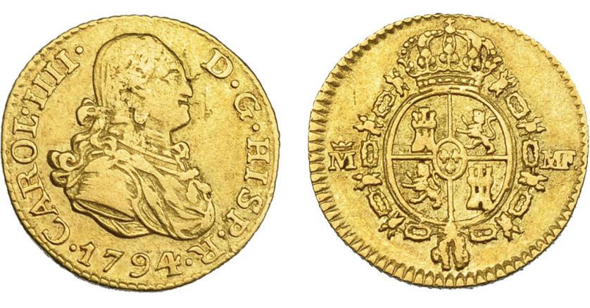833   -  CARLOS IV. 1/2 escudo. 1794. Madrid. MF. VI-873. Hojitas. MBC. Muy escasa.