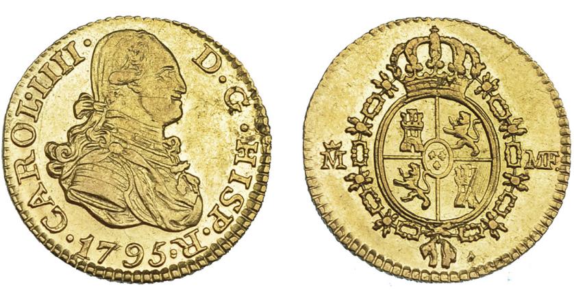 834   -  CARLOS IV. 1/2 escudo. 1795. Madrid. MF. VI-874. Rayitas de acuñación en rev. EBC-/EBC. Rara.