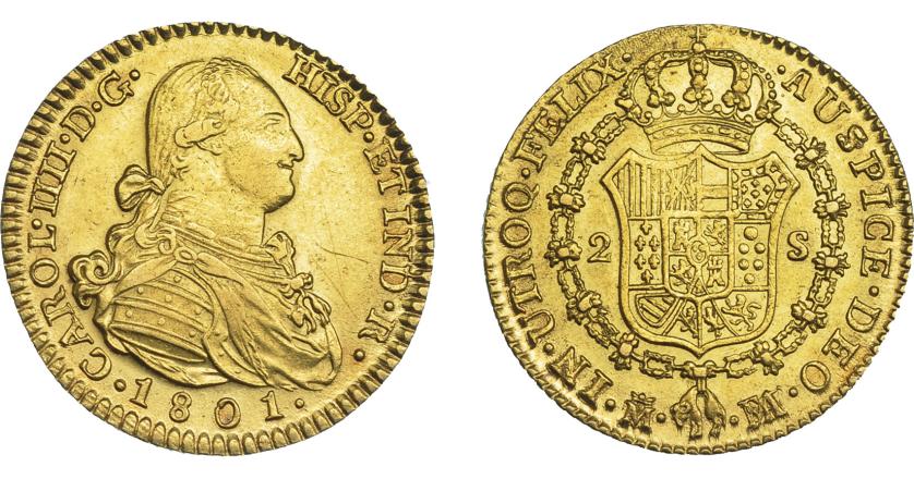 839   -  CARLOS IV. 2 escudos. 1801. Madrid. FA. VI-1052. finas rayitas. EBC-/EBC.