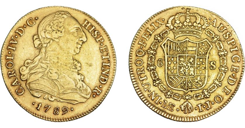843   -  CARLOS IV. 8 escudos. 1789. Lima. IJ. VI-1295. Pequeña marca en rev. MBC.