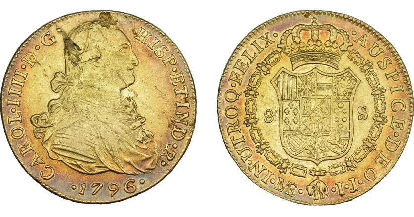 844   -  CARLOS IV. 8 escudos. 1796. Lima. IJ. VI-1302. Hojas en anv. MBC.