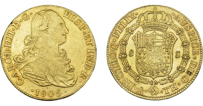 850   -  CARLOS IV. 8 escudos. 1805. México. TH. VI-1342. Golpecito en gráfila y pequeñas rayas. MBC/MBC+.