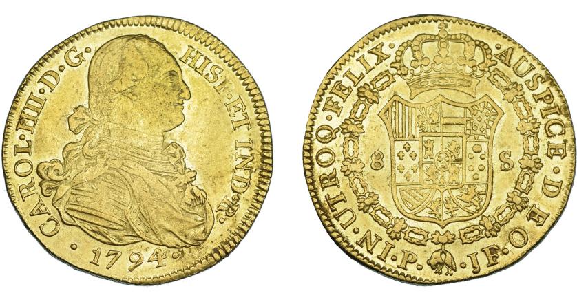 852   -  CARLOS IV. 8 escudos. 1794. Popayán. JF. VI-1374. R.B.O. MBC/EBC-.