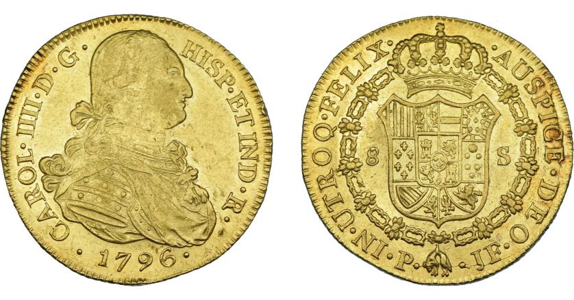 853   -  CARLOS IV. 8 escudos. 1796. Popayán. JF. VI-1376. R.B.O. MBC+/EBC-.
