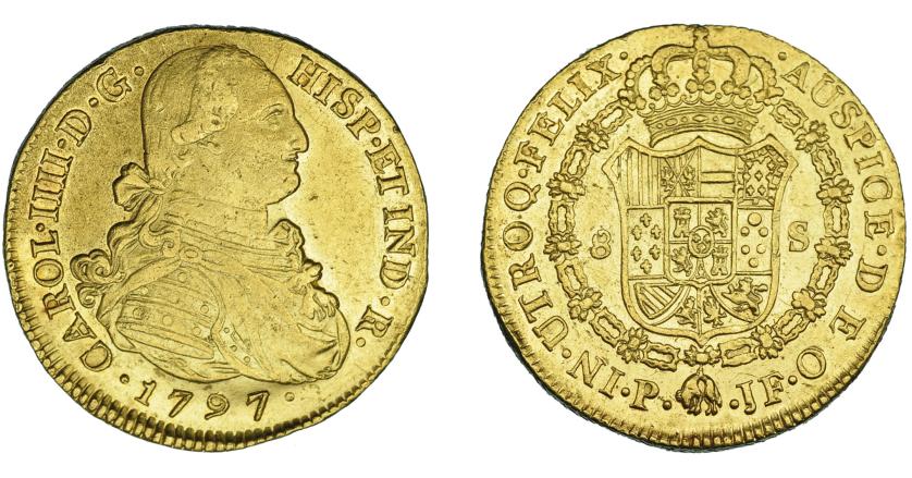 854   -  CARLOS IV. 8 escudos. 1797. Popayán. JF. VI-1377. Pequeñas macas y golpecitos en canto. MBC+/EBC-.
