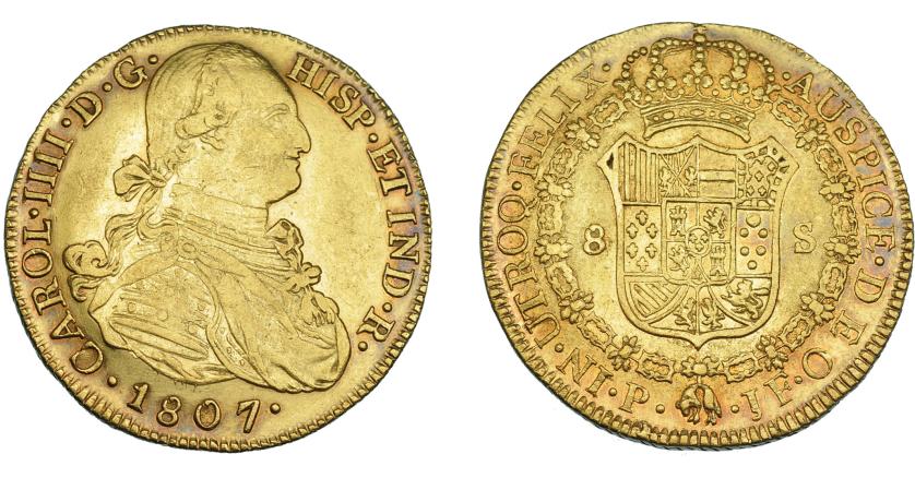 856   -  CARLOS IV. 8 escudos. 1807. Popayán. JF. VI-1389. R.B.O. MBC/MBC+.