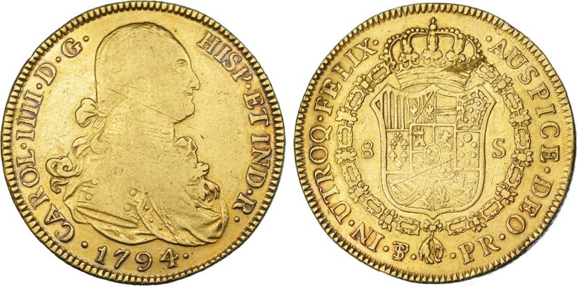 857   -  CARLOS IV. 8 escudos. 1794. Potosí. PR. VI-1397. Rayas de acuñación. Hojitas. MBC-/MBC.