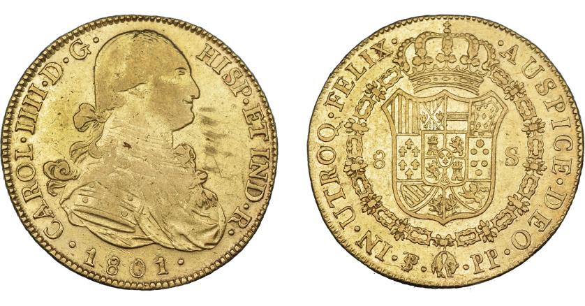 859   -  CARLOS IV. 8 escudos. 1801. Potosí. PP. VI-1404. Pequeñas marcas. R.B.O. MBC/MBC+.