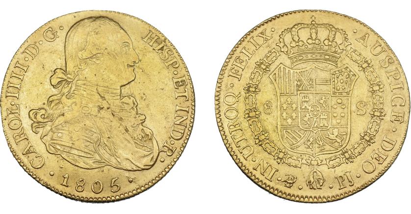 861   -  CARLOS IV. 8 escudos. 1805. Potosí. PJ. VI-1408. Hojitas y finas rayas. MBC+.