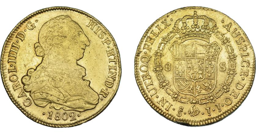 863   -  CARLOS IV. 8 escudos. 1802. Santiago. JJ. VI-1428. Pequeñas marcas. R.B.O. MBC.