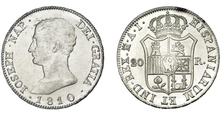 866   -  JOSÉ I NAPOLEÓN. 20 reales. 1810. Madrid. AI. VI-31. Fina raya en anv. B.O. SC.