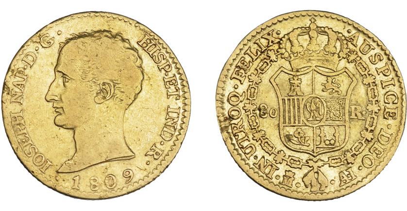 869   -  JOSÉ I NAPOLEÓN. 80 reales. 1809. Madrid. AI. VI-38. Hojitas en gráfilas. MBC-/MBC.