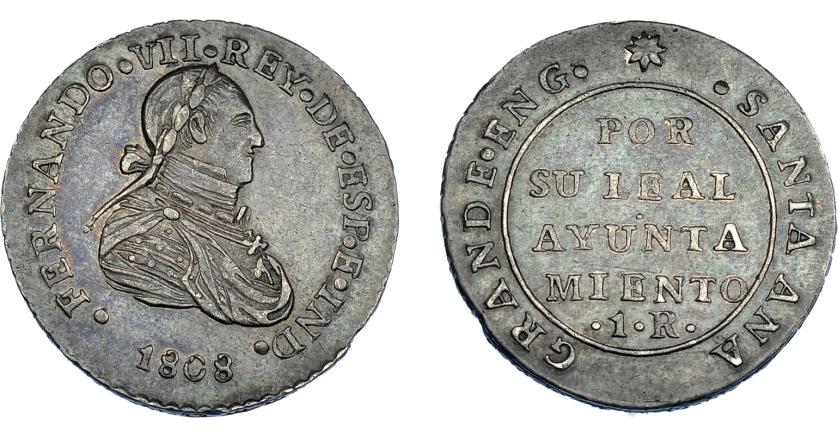 872   -  FERNANDO VII. Medalla de proclamación con valor 1 real. 1808. Santa Ana la Grande. VI-559. Pátina gris. MBC+. Muy rara.