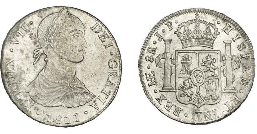 877   -  FERNANDO VII. 8 reales. 1811. Lima. JP. VI-1040. Leves oxidaciones y pequeñas marcas. R.B.O. EBC-.