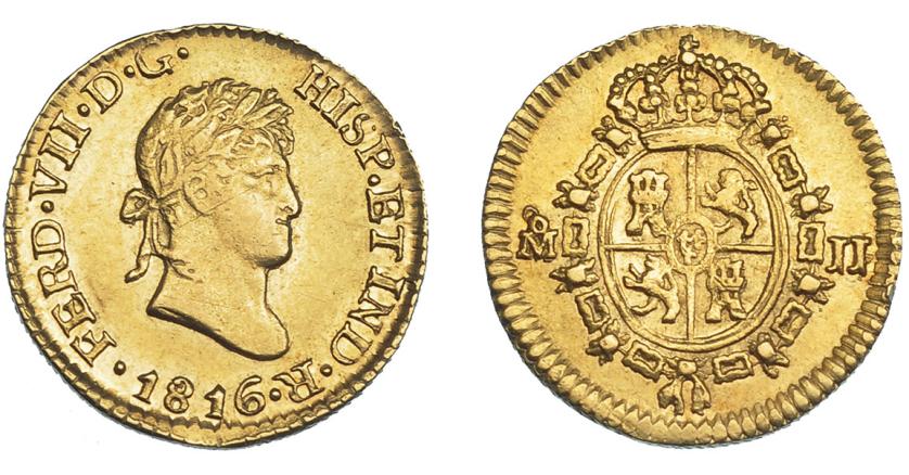 894   -  FERNANDO VII. 1/2 escudo. 1816. México. JJ. VI-1225. Acuñación floja en rev. EBC/EBC-. Muy escasa.