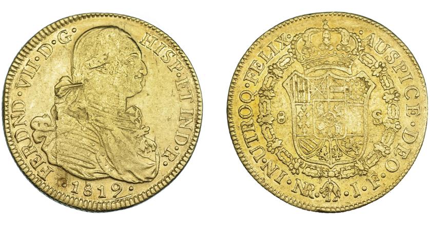 900   -  FERNANDO VII. 8 escudos. 1819. Nuevo Reino. JF. VI-1508. Hojas en anv. MBC-. 