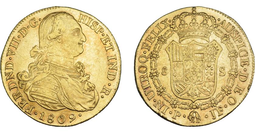 901   -  FERNANDO VII. 8 escudos. 1809. Popayán. JF. VI-1511. Rayitas. R.B.O. MBC+.