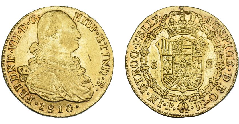 902   -  FERNANDO VII. 8 escudos. 1810. Popayán. JF. VI-1512. Rayita en anv. MBC/MBC+.