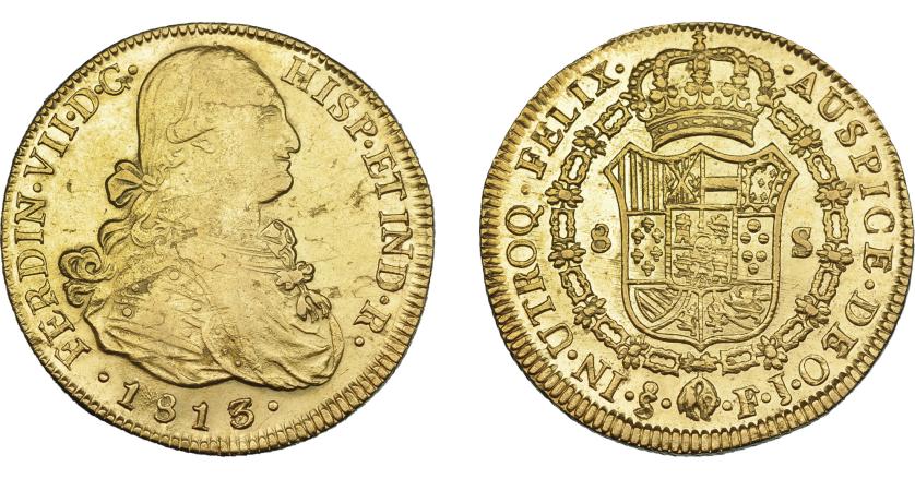 904   -  FERNANDO VII. 8 escudos. 1813. Santiago. FJ. VI-1539. Hojitas y rayas de ajuste. MBC/EBC.
