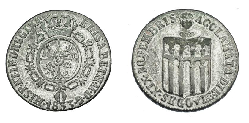 905   -  ISABEL II. Medalla. Proclamación. 1833. Segovia. 5 arcos. H-31 vte. metal. 24,5 mm. Metal blanqueado. MBC.