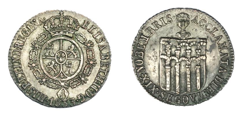 906   -  ISABEL II. Medalla. Proclamación. 1833. Segovia. 5 arcos. H-31 vte. metal.  AR. 24,5 mm. MBC+.