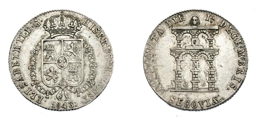 909   -  ISABEL II. Medalla. Mayoría de edad. 1843. Segovia. H-15. AR 5,02 g. Golpecito en rev. MBC+/MBC.
