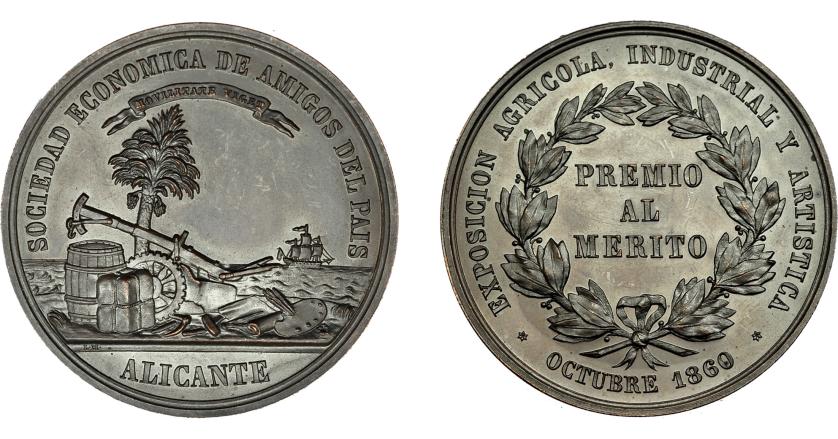 913   -  ISABEL II. Medalla. 1860. Exposición agrícola, industrial y artística Alicante. Grabador L.M. (Marchionni). AE 40 mm. SC.