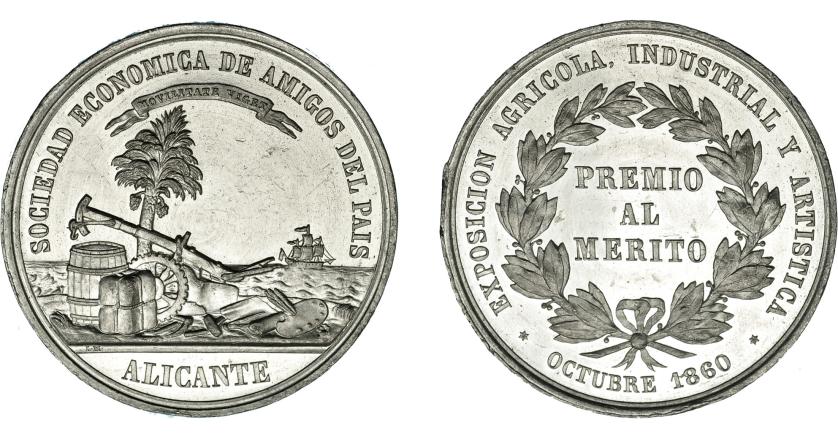 914   -  ISABEL II. Medalla. 1860. Exposición Agrícola Industrial y Artística Alicante. Grabador L.M. (Marchionni). Metal blanco 40 mm. Pequeñas marcas en gráfila. SC.