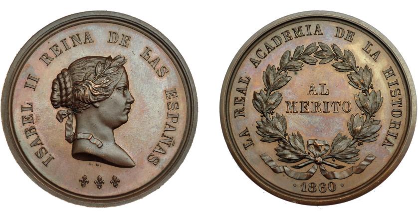 915   -  ISABEL II. Medalla. 1860. Real Academia de la Historia. Al mérito. Grabador L. M. (Marchionni). AE 45 mm. EBC+/SC.