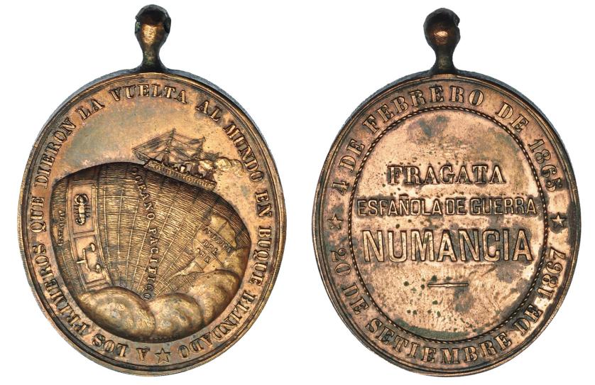 919   -  ISABEL II. Medalla. Vuelta al mundo de la fragata Numancia. 1865-1867. Grabador Sellán. AE 35x30 mm. Guerra-730. Rara. EBC-.