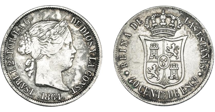 923   -  ISABEL II. 40 céntimos de escudo. 1864. Madrid. VI-428. Oxidaciones limpiadas. MBC-/MBC.