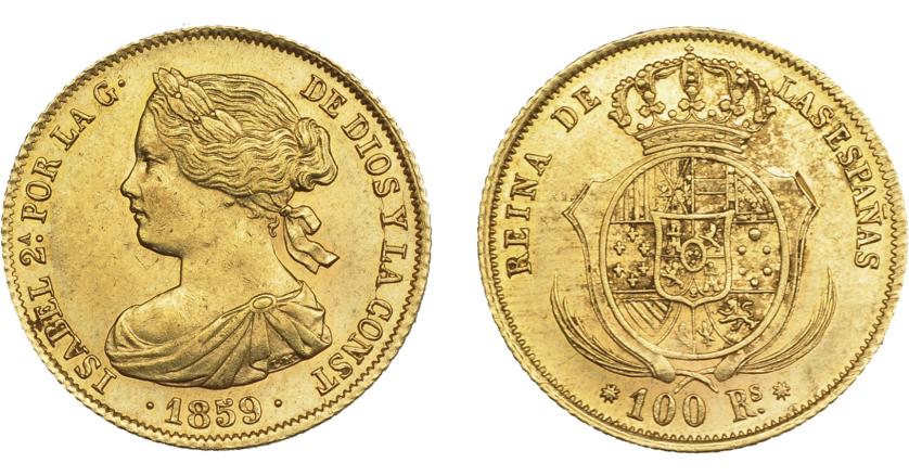 926   -  ISABEL II. 100 reales. 1859. Barcelona. VI-635. EBC/EBC-.