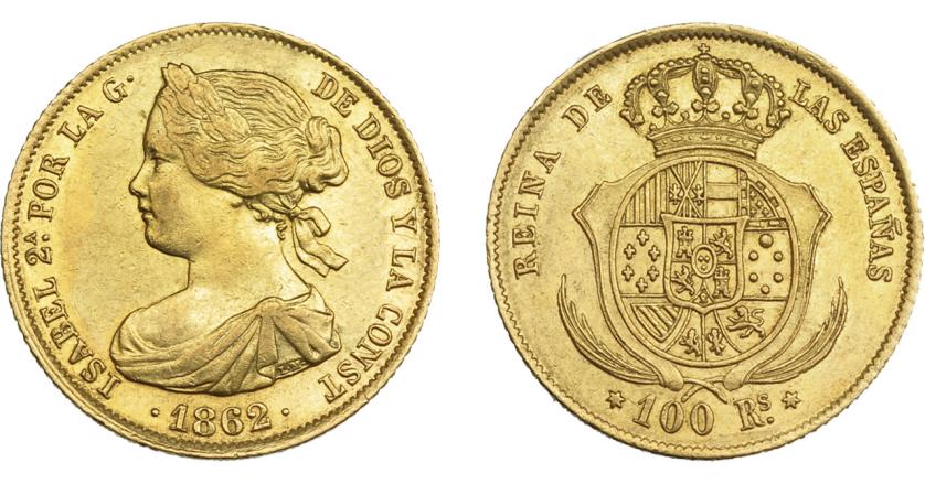 928   -  ISABEL II. 100 reales. 1862. Madrid. VI-649. EBC-/EBC.