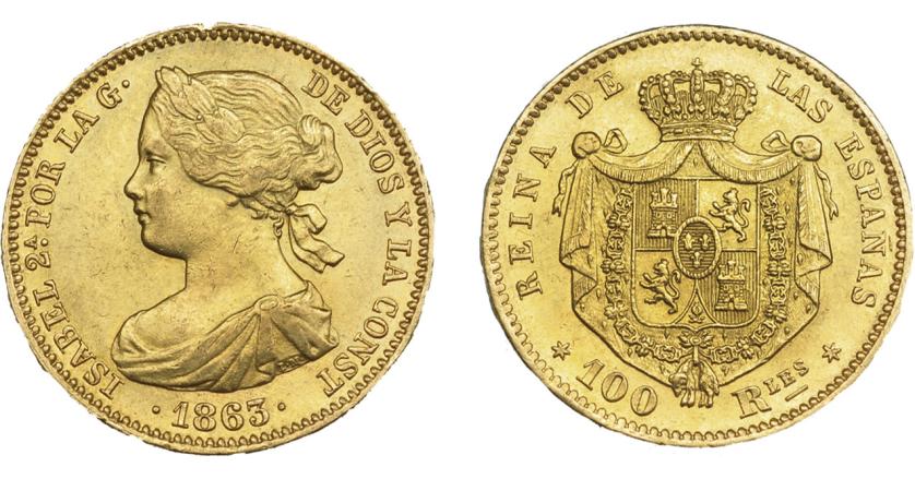 929   -  ISABEL II. 100 reales. 1863. Madrid. VI-650. EBC.